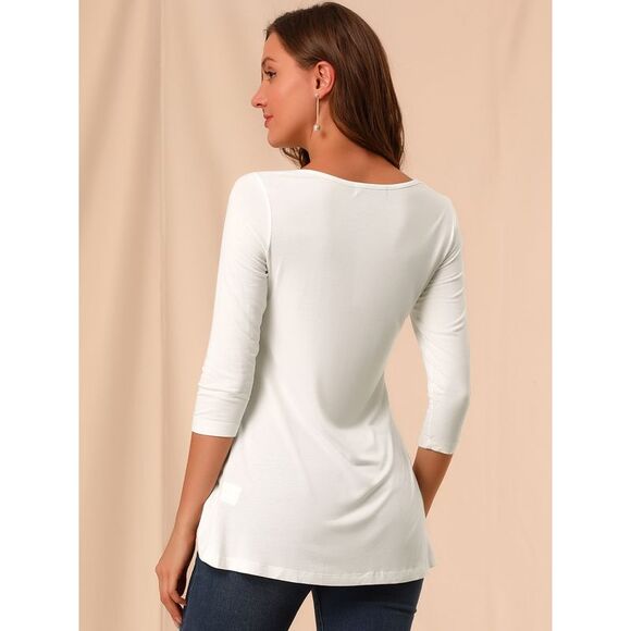 3/4 Sleeve Round Neck Button Decor Stretchy Tunic Tops White - Picture 5 of 6